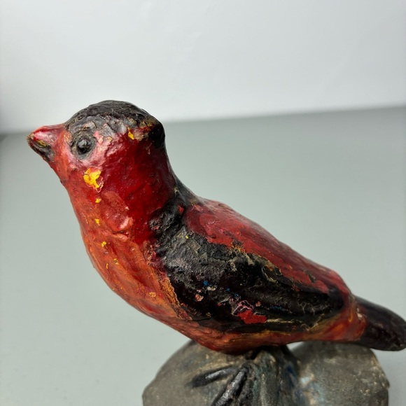 Primitive Folk Art Red Bird Robin Cardinal Stone Clay Statue Sculpture Carving - Picture 12 of 12
